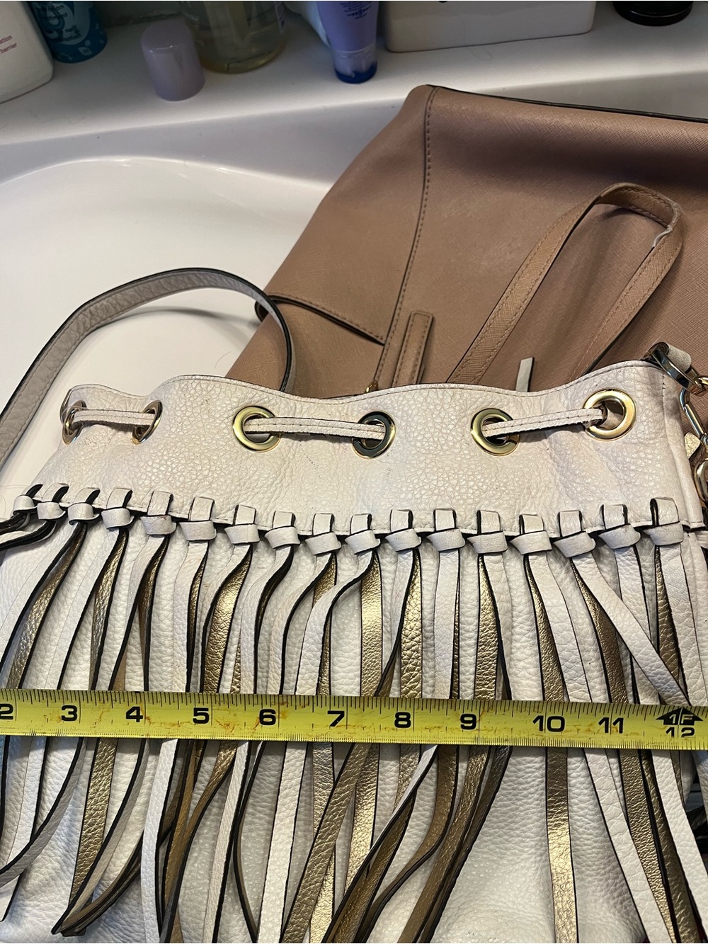 Michael Kors Cream and Brown Leather Fringe Drawstring Shoulder Bag - Picture 6 of 9
